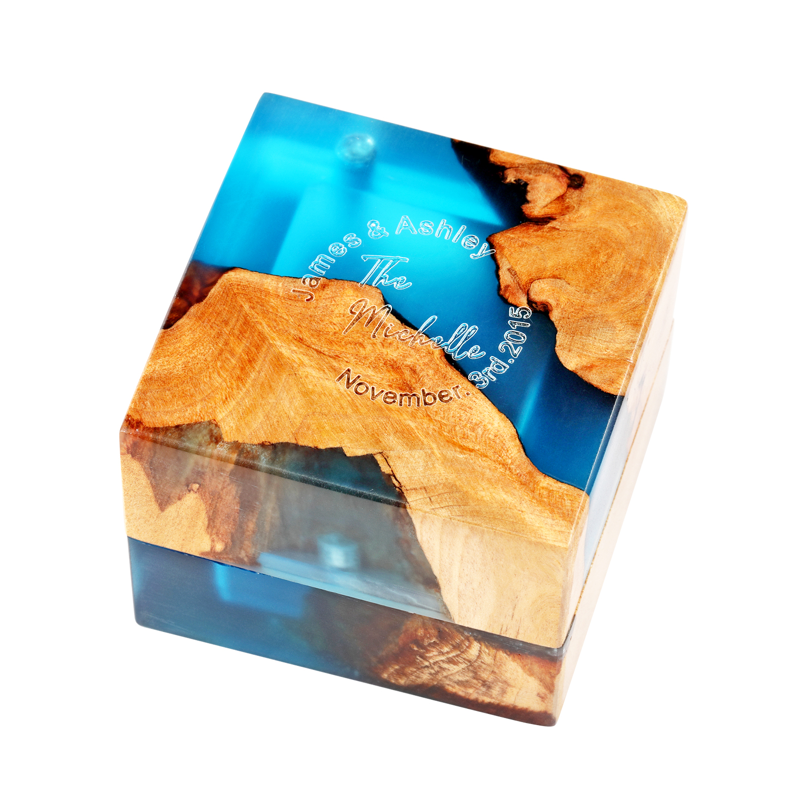 Personalized blue wood and resin ring box engraved for a proposal