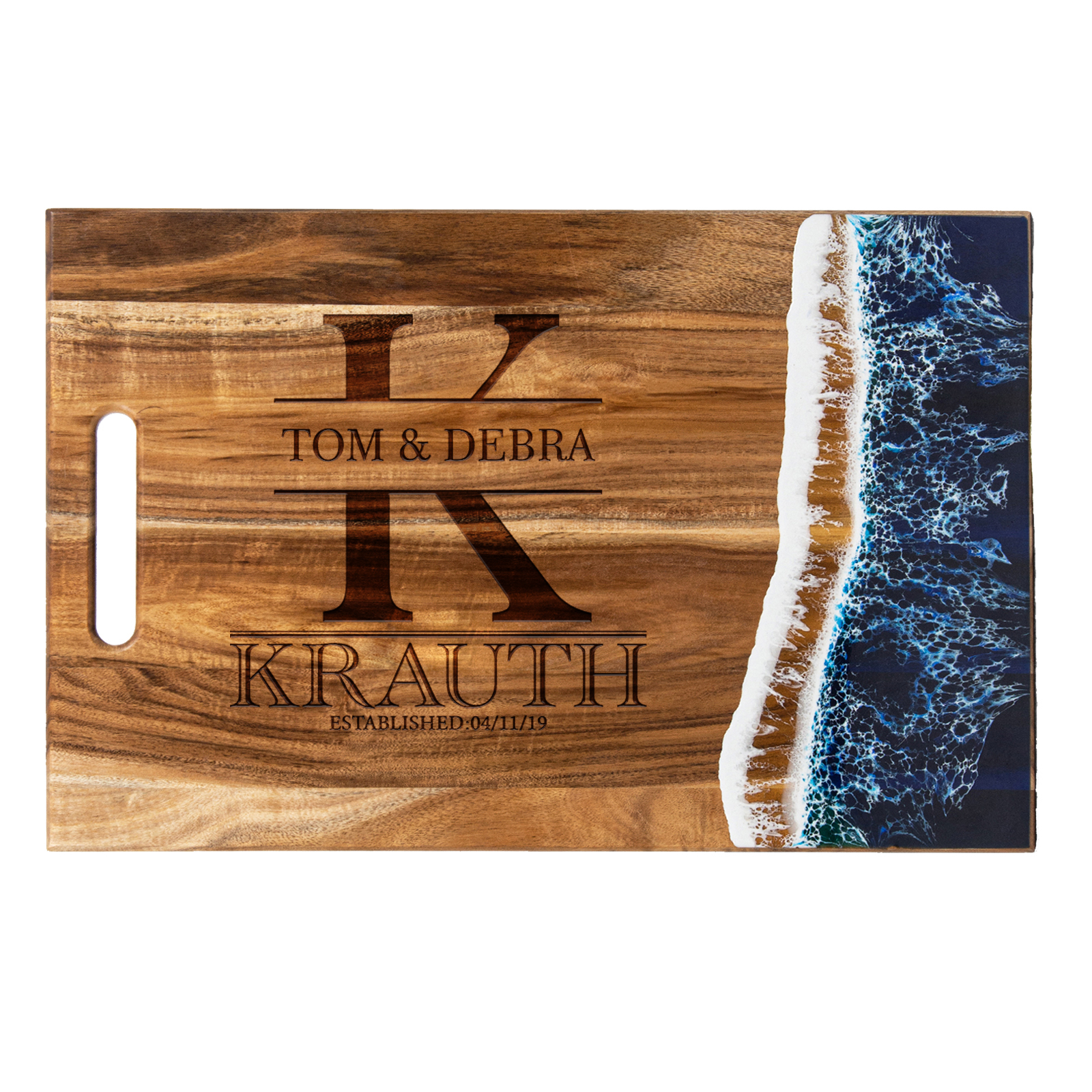 Personalized large acacia wood and ocean resin cutting board with engraved names and date